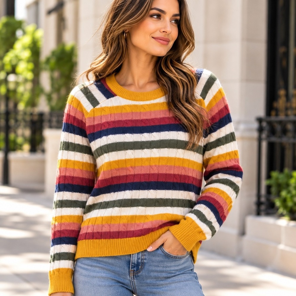 1901 Women's 100% Cashmere Cable Knit Striped Sweater Size L Multicolor Crewneck